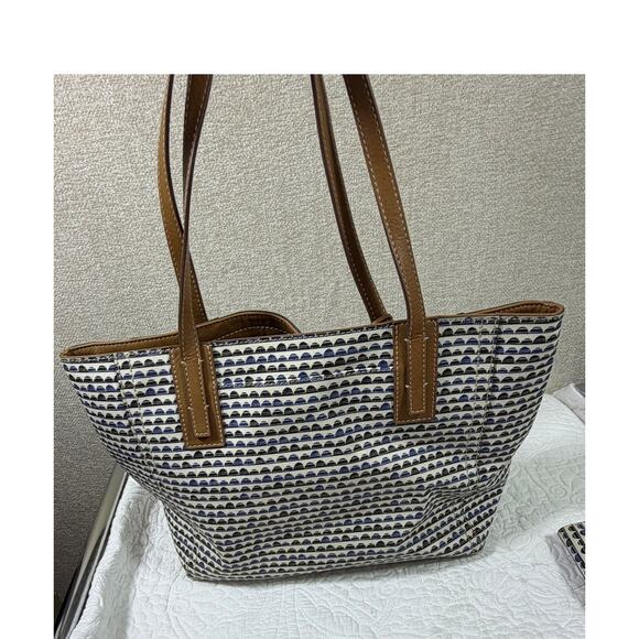 Fossil Blue White Leather Explorer Tote Bag with Matching Billfold Wallet Travel - Picture 2 of 13